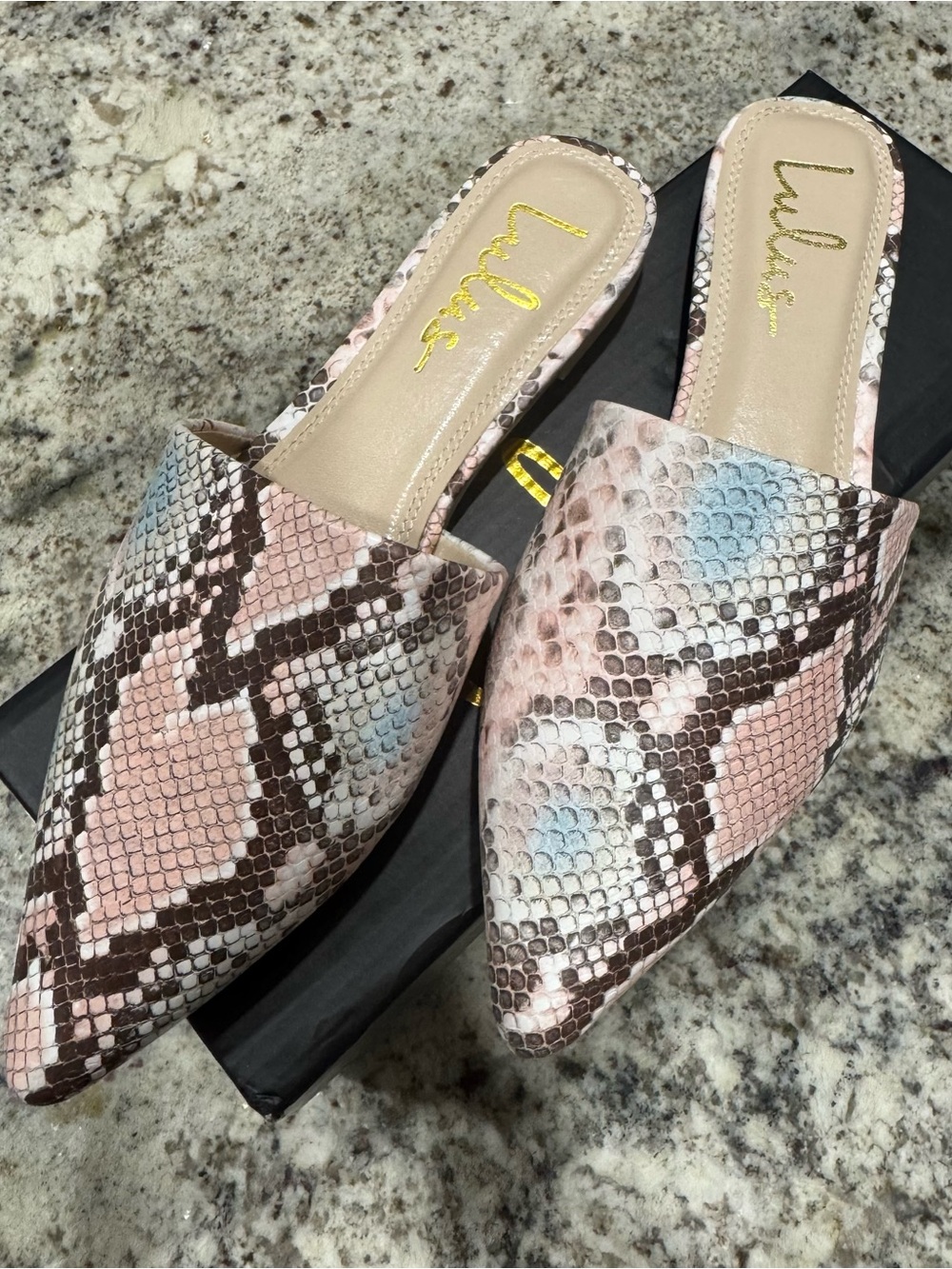 Lulu's Pink & Blue Snakeskin Pointed Mule